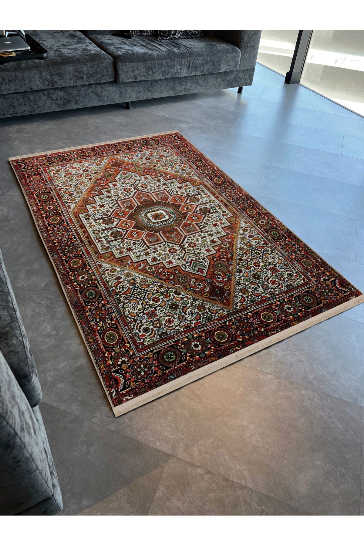 Kahve Bej Temalı Çok Renkli Geleneksel Motif Etnik Desenli Vintage Dekoratif Halı 2561