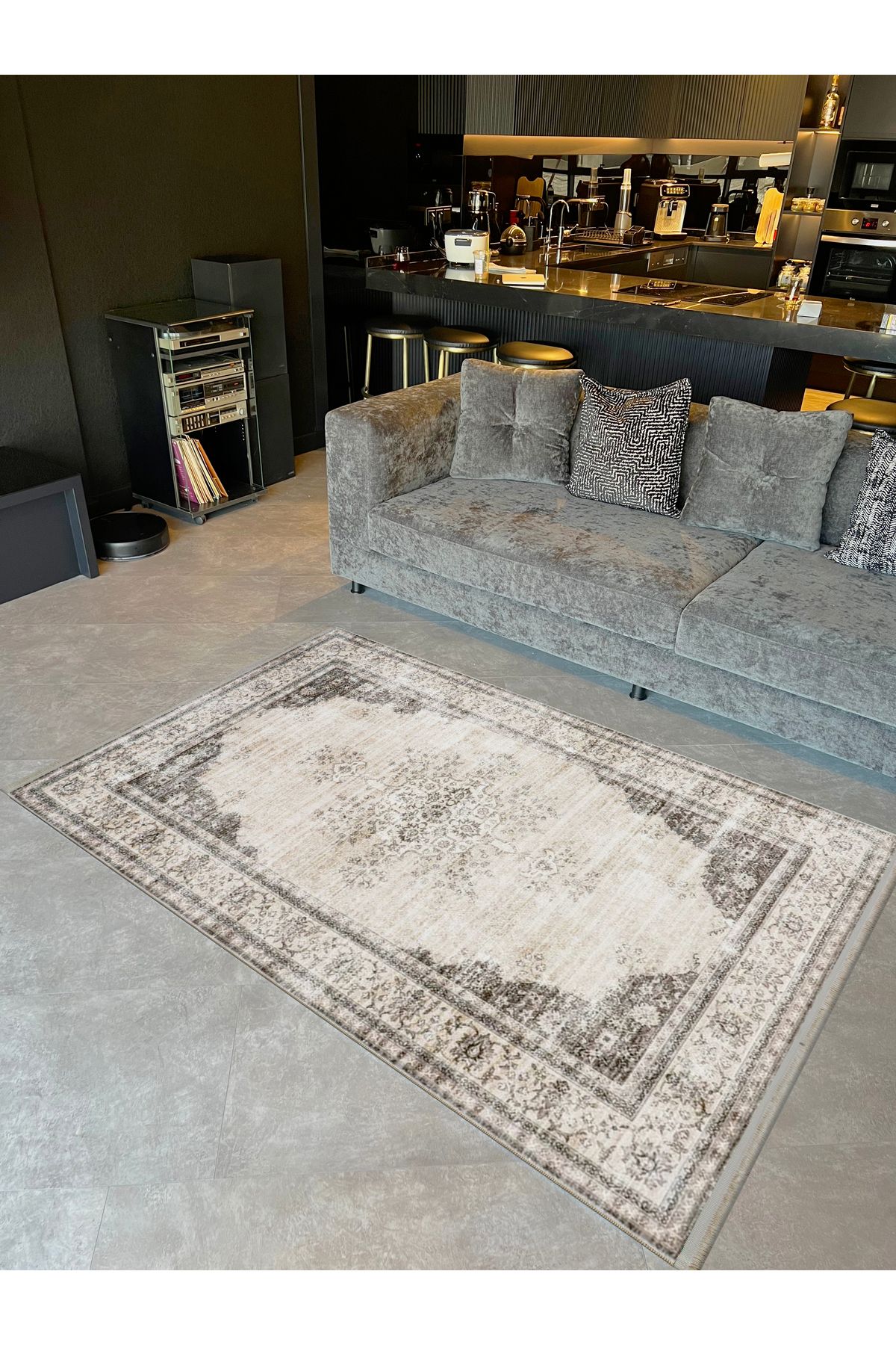 Asya Koleksiyonu Eskitme Görünümlü Siyah Gri Bej Desenli Dokuma Taban Modern Dekoratif Halı asya14