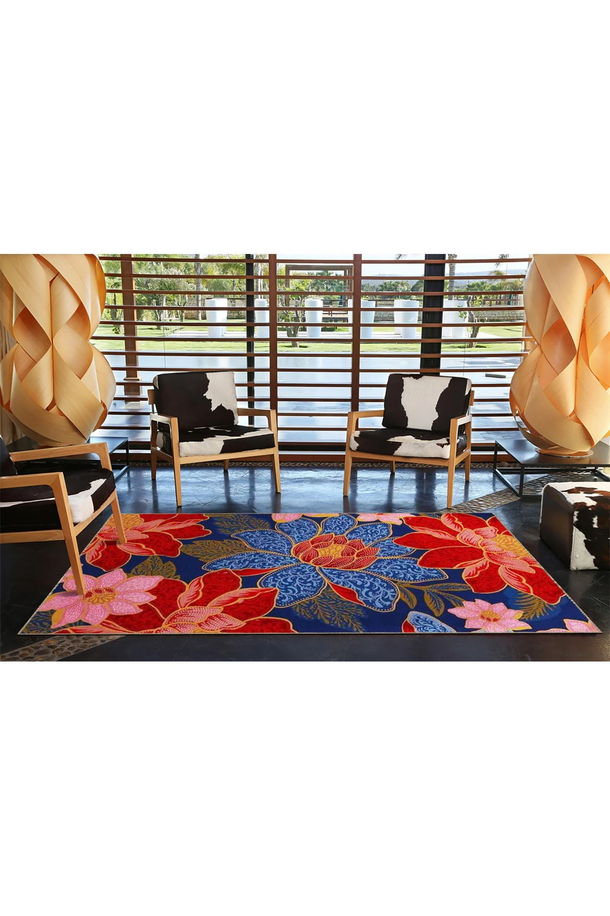 Mavi Kırmızı Temalı Çiçek Desenli Kreatif Modern Dekoratif Halı 3654