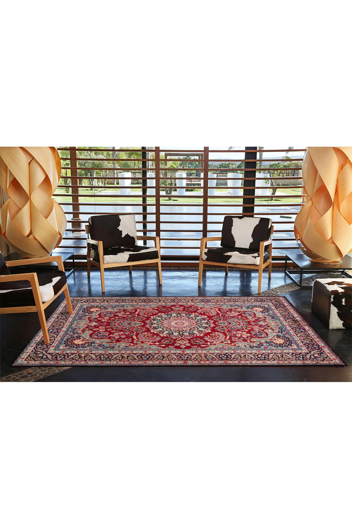 Kapalı Mavi ve Kırmızı Geleneksel Desenli Modern Dekoratif Halı 4480