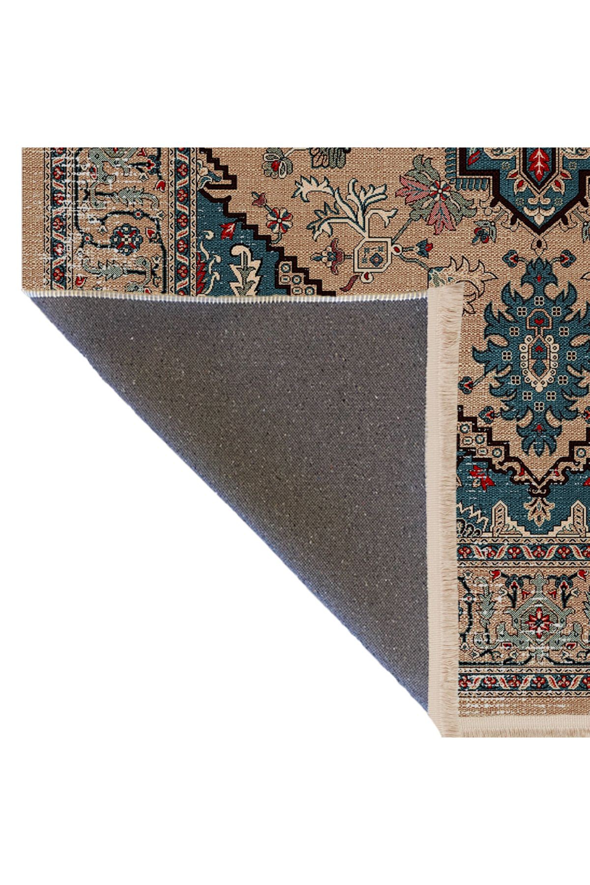 Mira Bej Mavi Temalı Çok Renkli Geleneksel Motif Etnik Desenli Vintage Dekoratif Halı Mira 1602