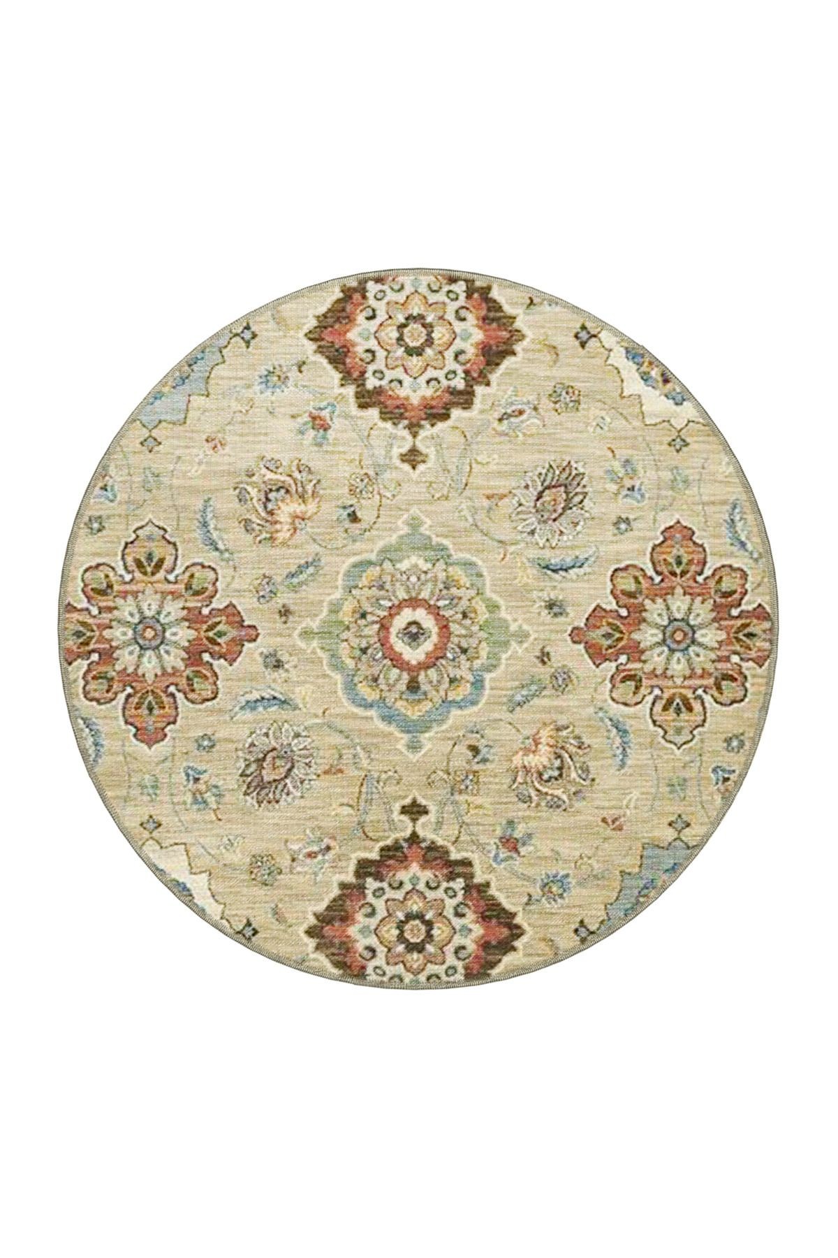 Bej Temalı Geleneksel Motif Desenli Vintage Dekoratif Halı 3907