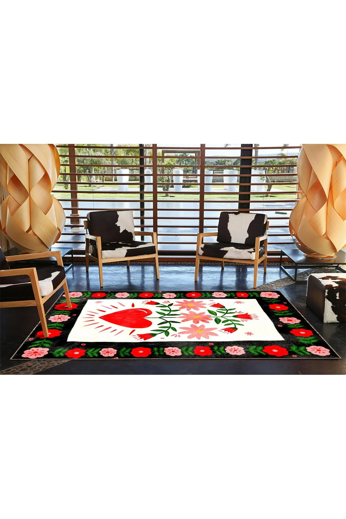 Siyah Beyaz Tonlarda Kalp ve Çiçek Desenli Halı 3720