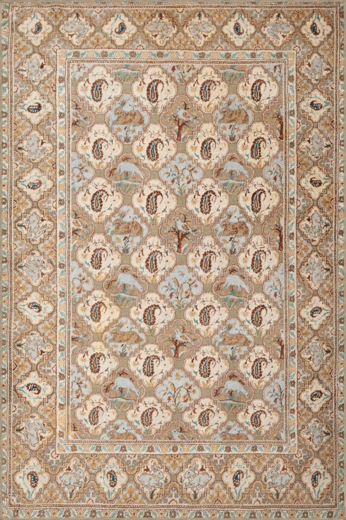Bej Temalı Motifli Etnik Figür Desenli Vintage Dekoratif Halı 4797