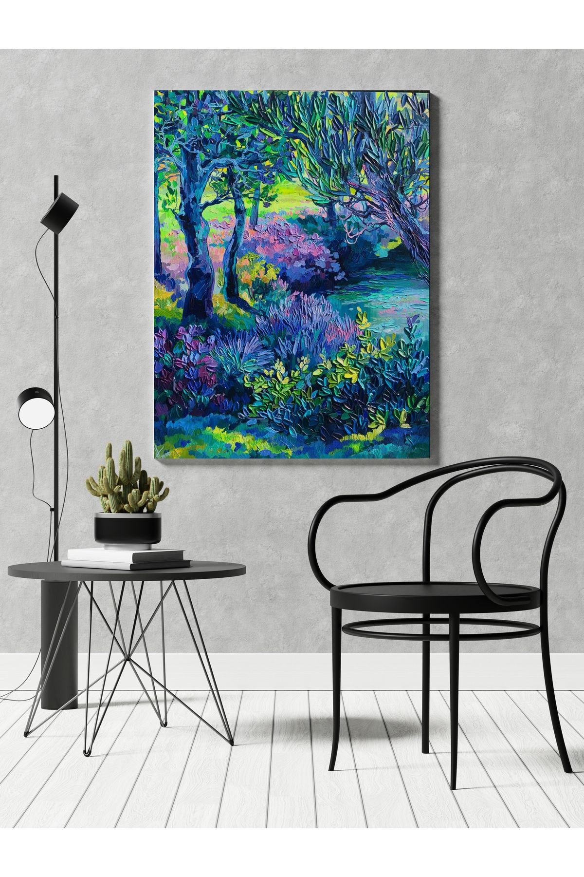 Kanvas Tablo Mavi Temalı Orman Doğa Çiçek Desenli Modern Tablo