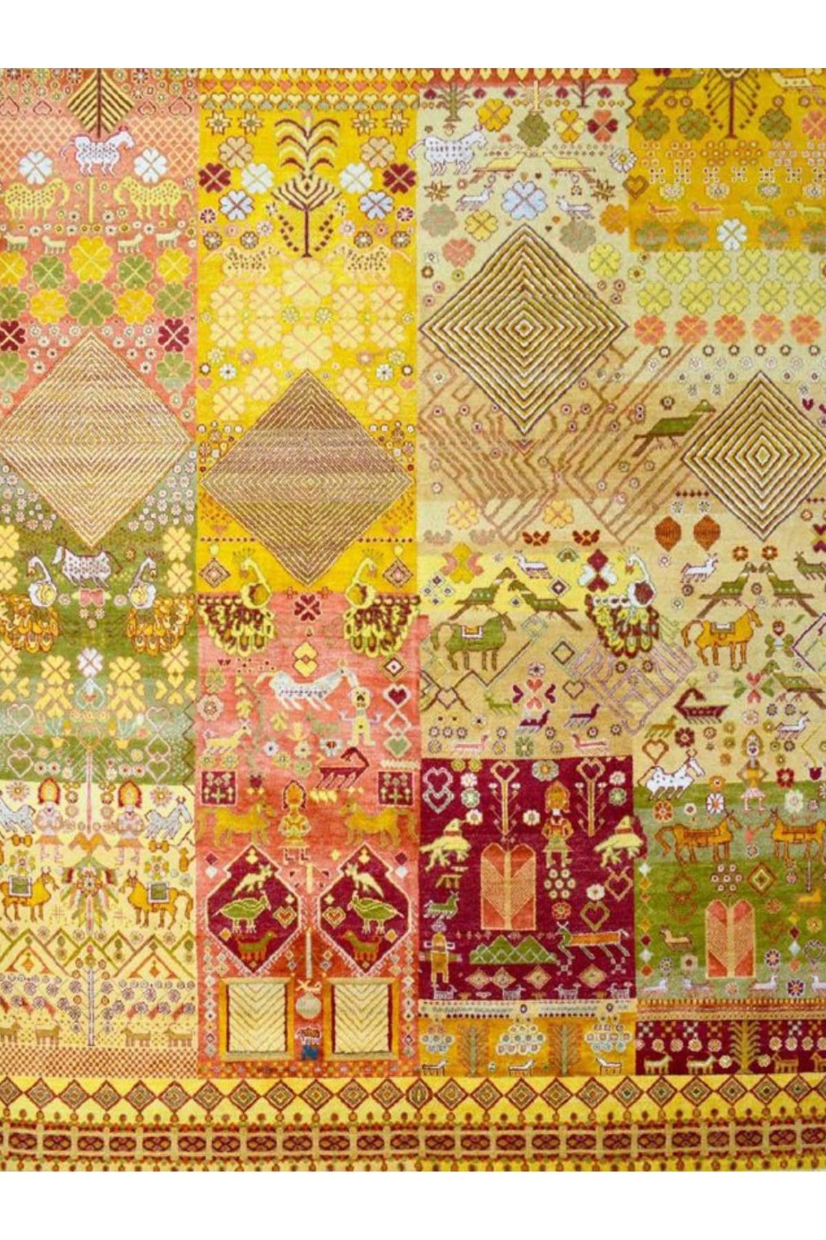 Barcelona Koleksiyonu Yeşil ve Sarı Tonlar Çiçek ve Hayvan Figürleri Desen Vintage Dekoratif Halı 03