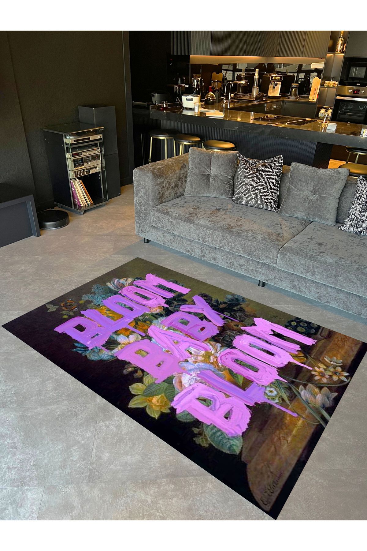 Ebru Koleksiyonu Çiçek Desenli Mor Yazı Detaylı Dokuma Taban Modern Dekoratif Halı ebru43