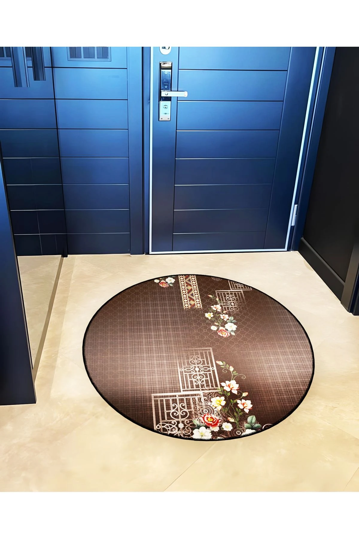 Kahverengi Temalı Geometrik Motifli Çiçek Desenli Yuvarlak Dokuma Taban Vintage Dekoratif Halı 6199