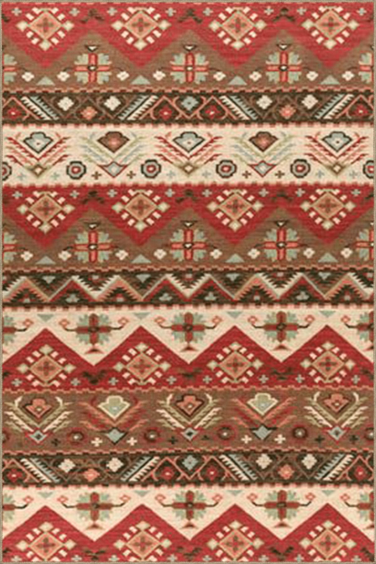 Kırmızı Kahverengi Temalı Geleneksel Motif Desenli Etnik Vintage Dekoratif Halı 5011