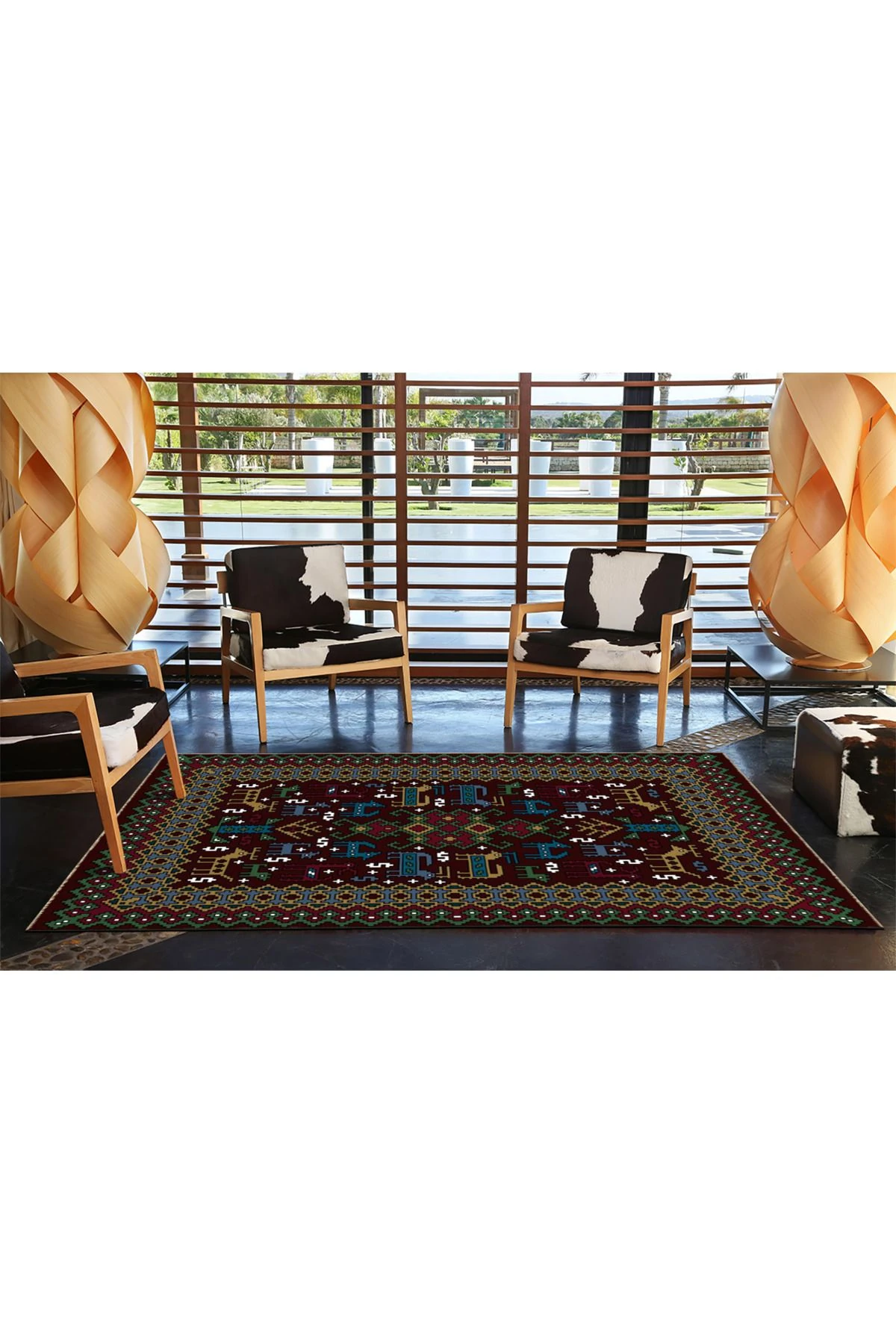 Kahverengi Temalı Motifli Etnik Figür Desenli Vintage Dekoratif Halı 4644