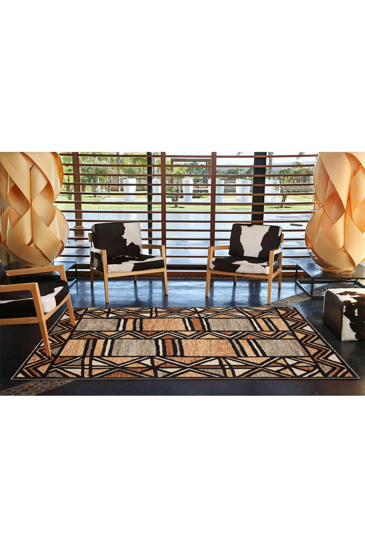 Kahverengi Renkli Pastel Boyalı Geometrik Desenli Dokuma Taban Halı miravip383