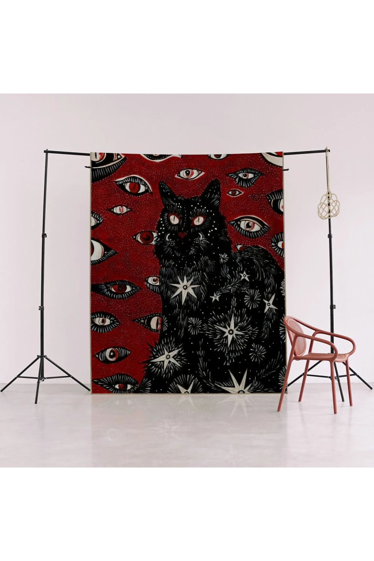 Bordo Siyah Temalı Sürrealist Etnik Göz ve Kedi Desenli Kreatif Modern Dekoratif Halı 2362