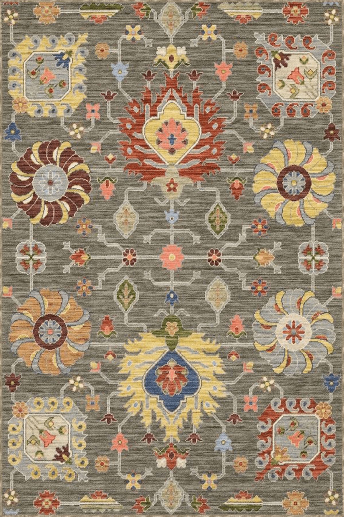 Gri Temalı Çok Renkli Motifli Etnik Çiçek Desenli Vintage Dekoratif Halı 3924