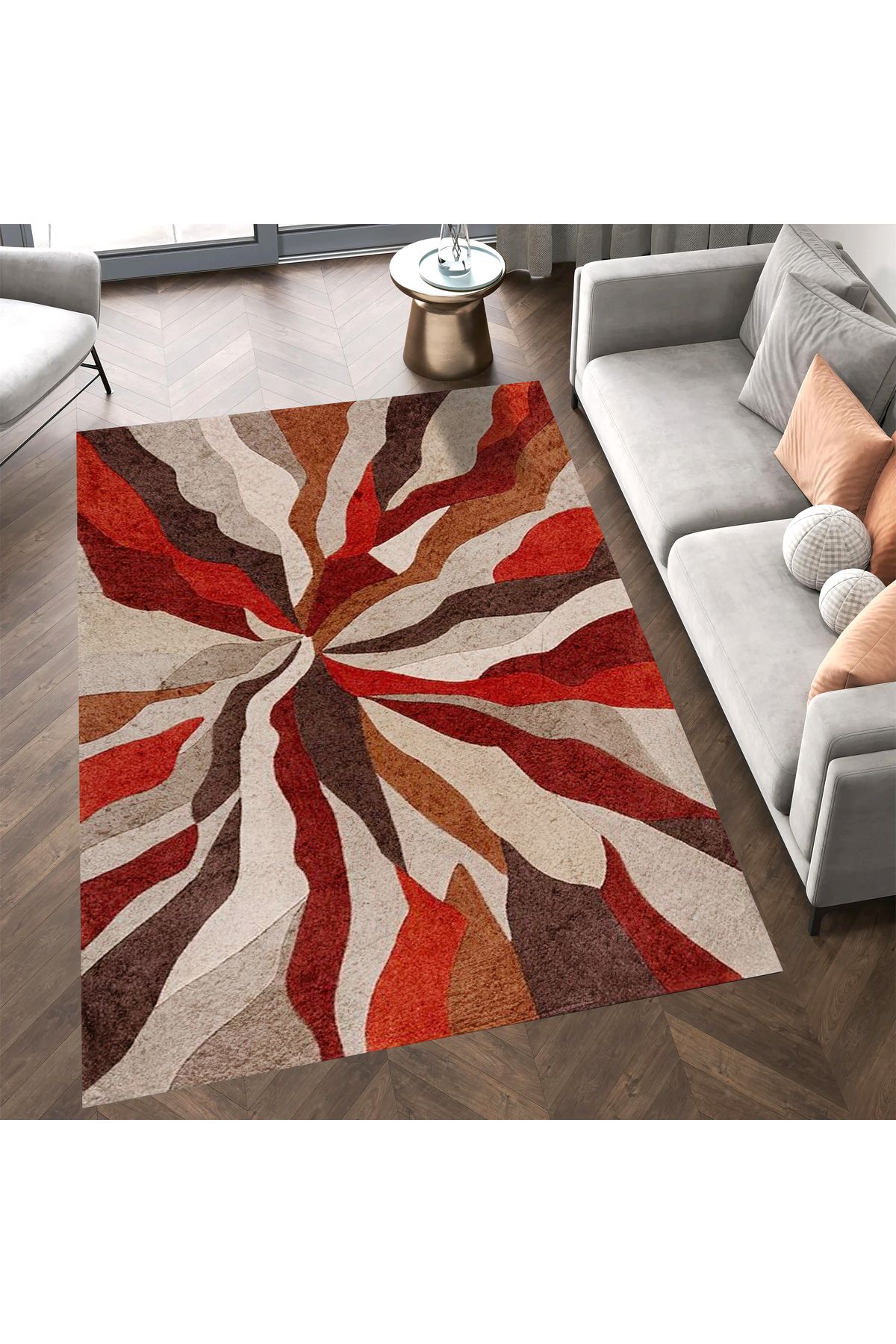 Kuzey Koleksiyonu Kırmızı Bej Soyut Desenli Dokuma Taban Dekoratif Halı kuzey07