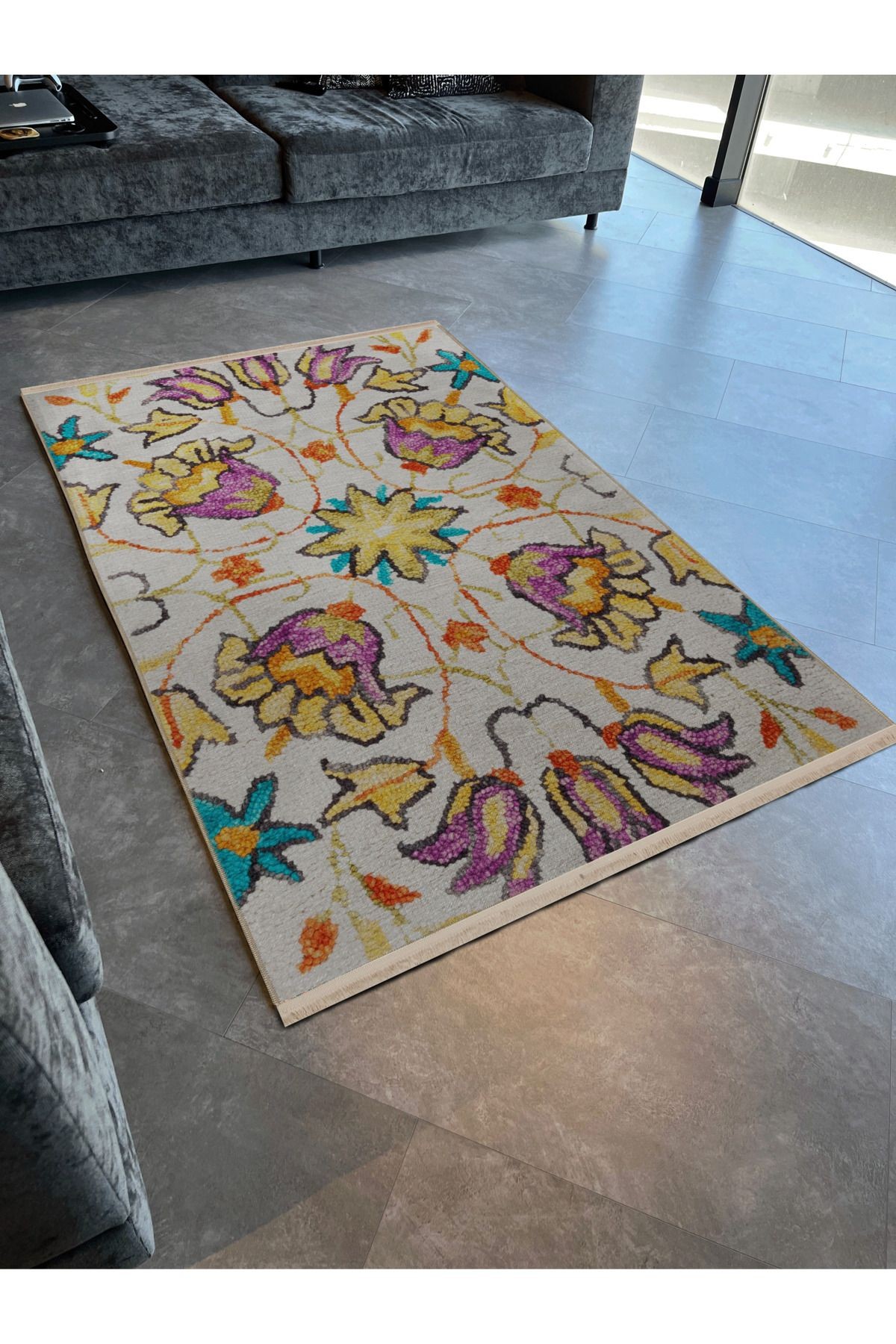 Açık Ton Çok Renkli Etnik Çiçek Gül Desenli Kreatif Vintage Dekoratif Halı 2825