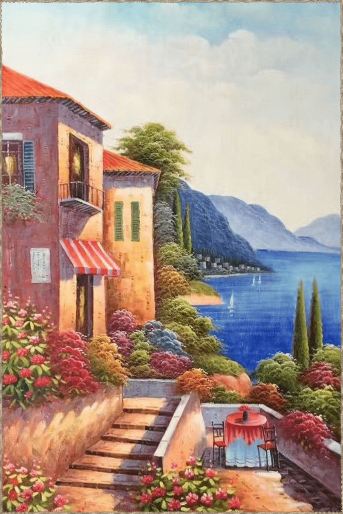 Goblen Tasarım Tatil Köyü Temalı Deniz ve Dağ Desenli Vintage Dekoratif Halı 5084