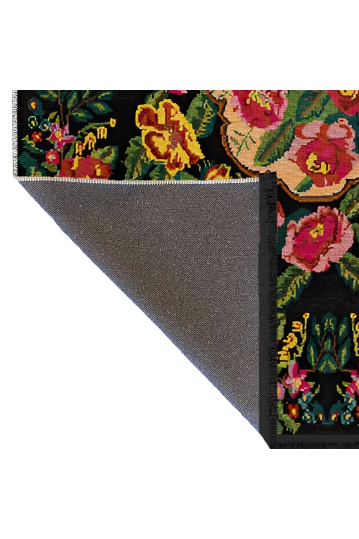 Siyah Pembe Temalı Geleneksel Gül Motif Desenli Vintage Dekoratif Halı 1903