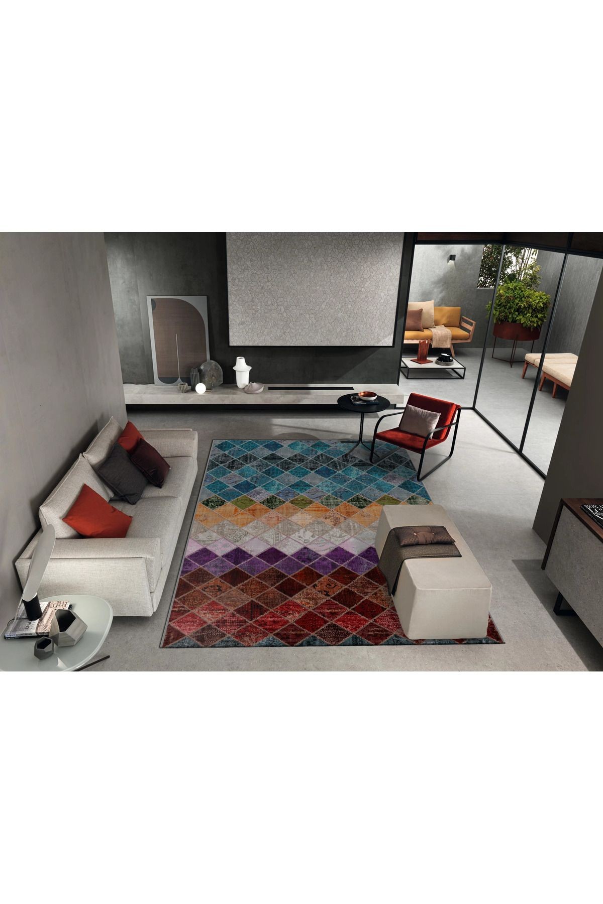 Çok Renkli Geometrik Parça Desenli Modern Dekoratif Halı 1635