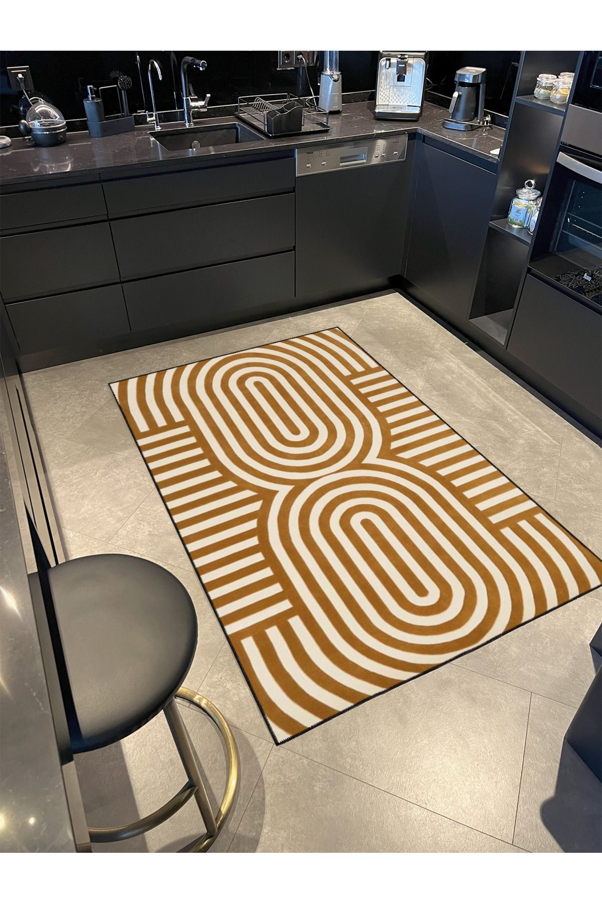 Oval Sarı Krem Geometrik Desenli Dokuma Taban ve Dekoratif Yıkanabilir Halı miravip8518