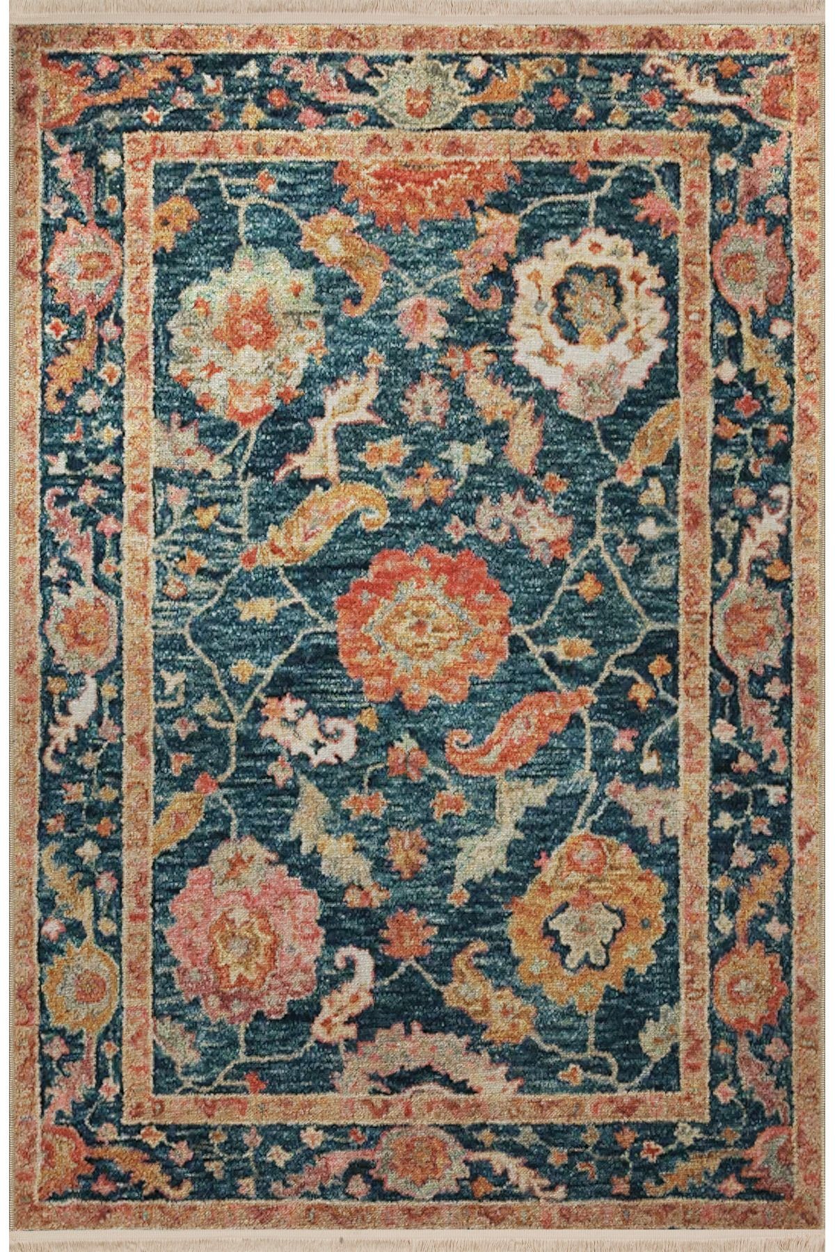 Çok Renkli Motifli Etnik Çiçek Desenli Kreatif Vintage Dekoratif Halı 2618