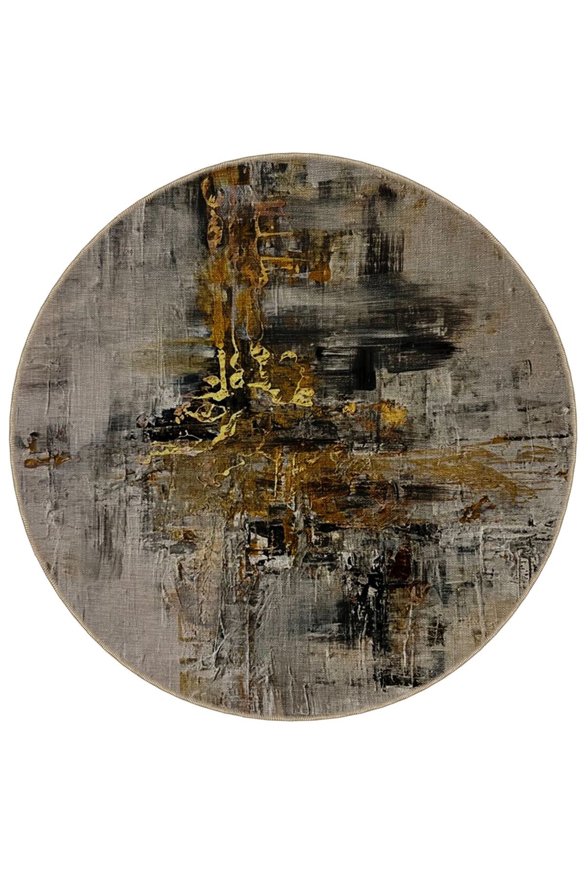 Gri Bej Ton Soyut Desenli Yuvarlak Dokuma Taban Modern Dekoratif Halı 6047