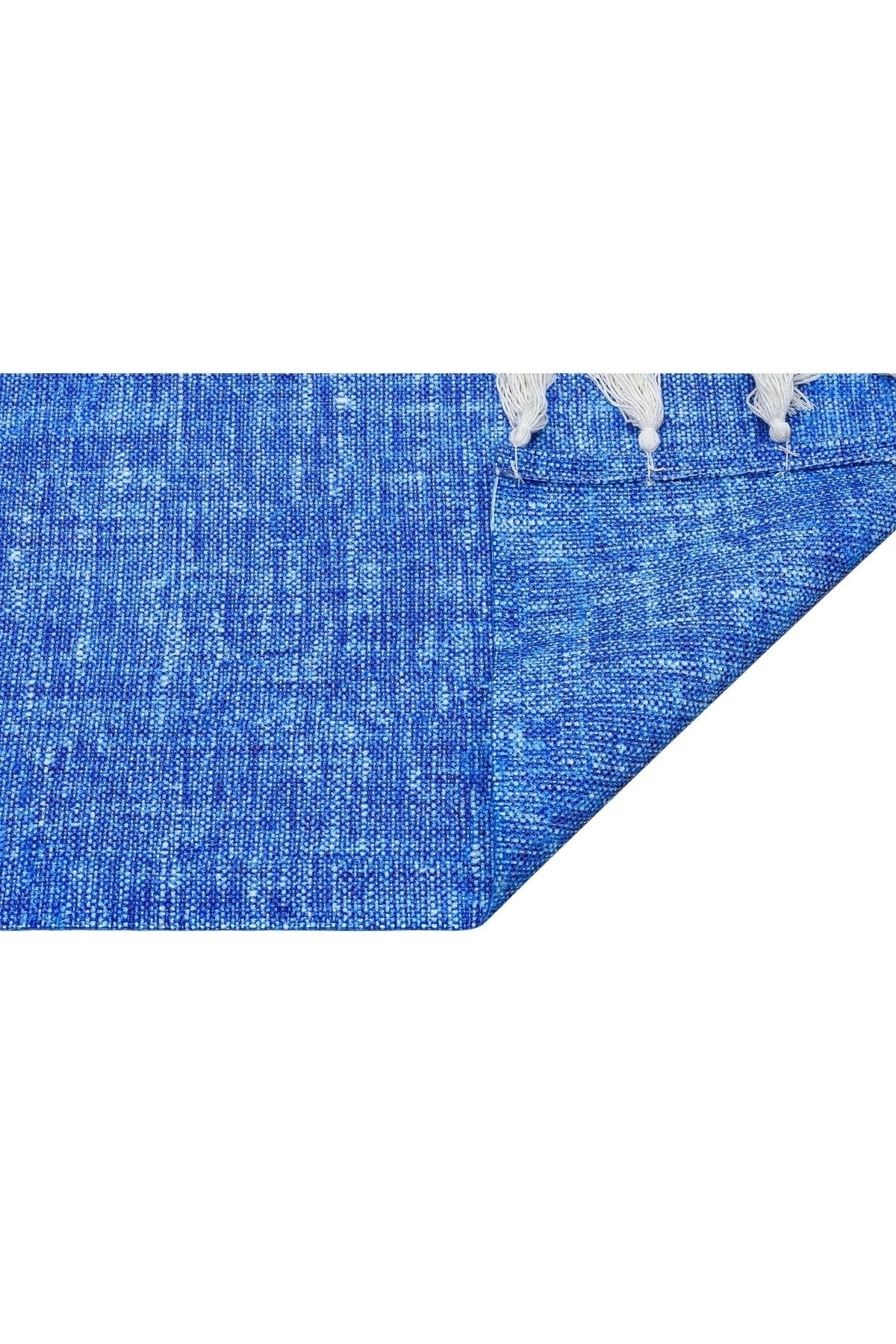 Moroccan 9004 Alaçatı Mavisi Beyaz Püsküllü Bohomian Ve Modern Kilim