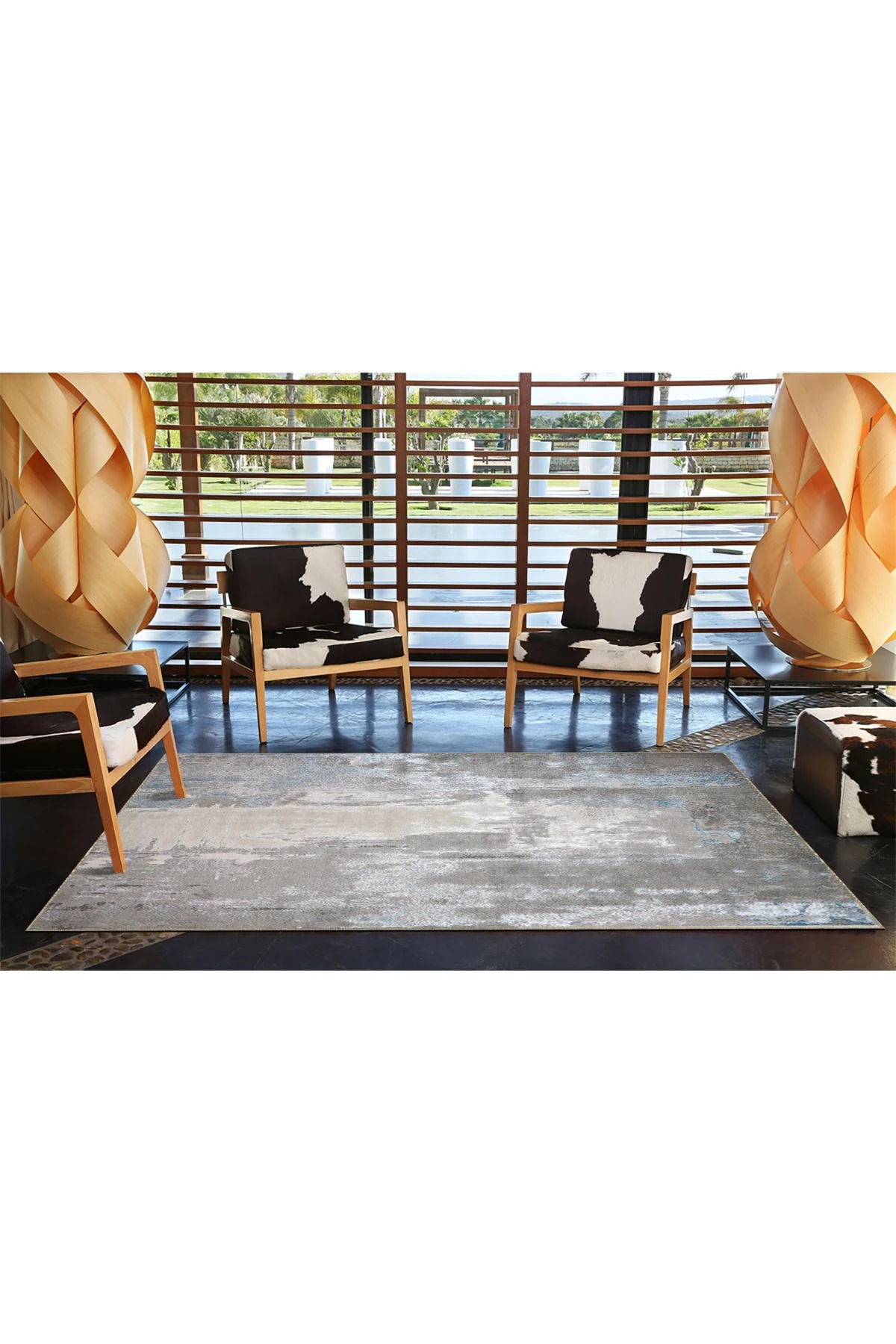 Gri Bej Temalı Abstract Soyut Desenli Kreatif Modern Dekoratif Halı 3921