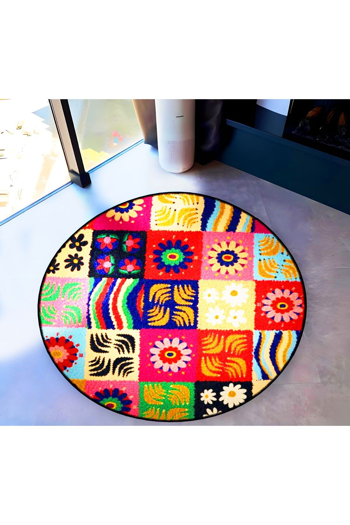 Mira Yuvarlak Çok Renkli Patchwork Desenli Dokuma Taban Dekoratif Halı 5727
