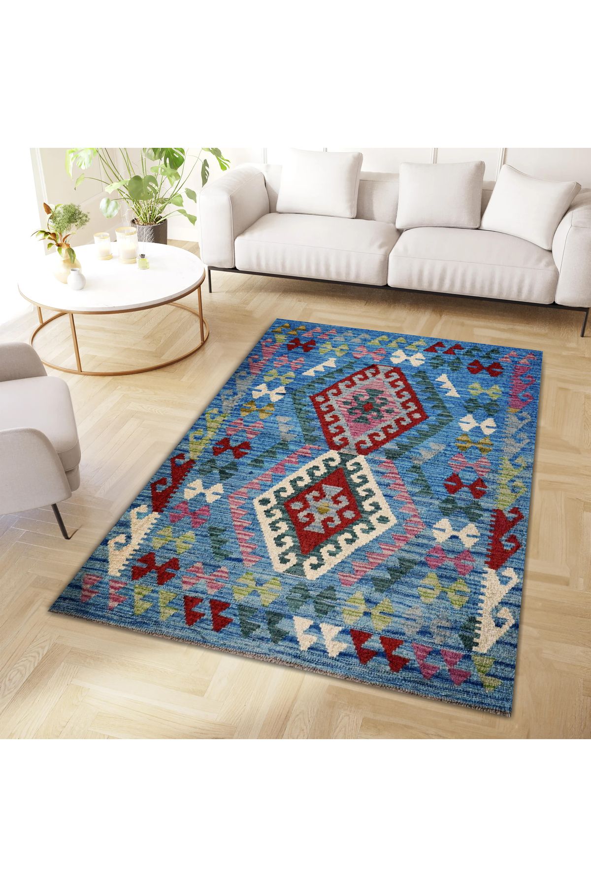 Asena Koleksiyonu Mavi Temalı Geometrik Şekiller Desenli Vintage Dekoratif Halı 09