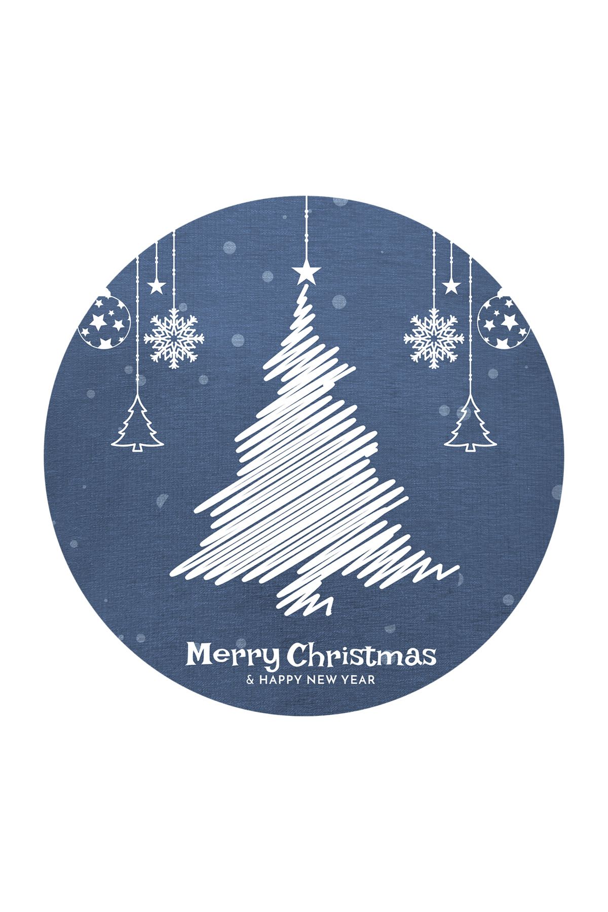 Mavi Yılbaşı Temalı Ağaç Süs Desenli Modern Dokuma Taban Yuvarlak Dekoratif Halı 2247