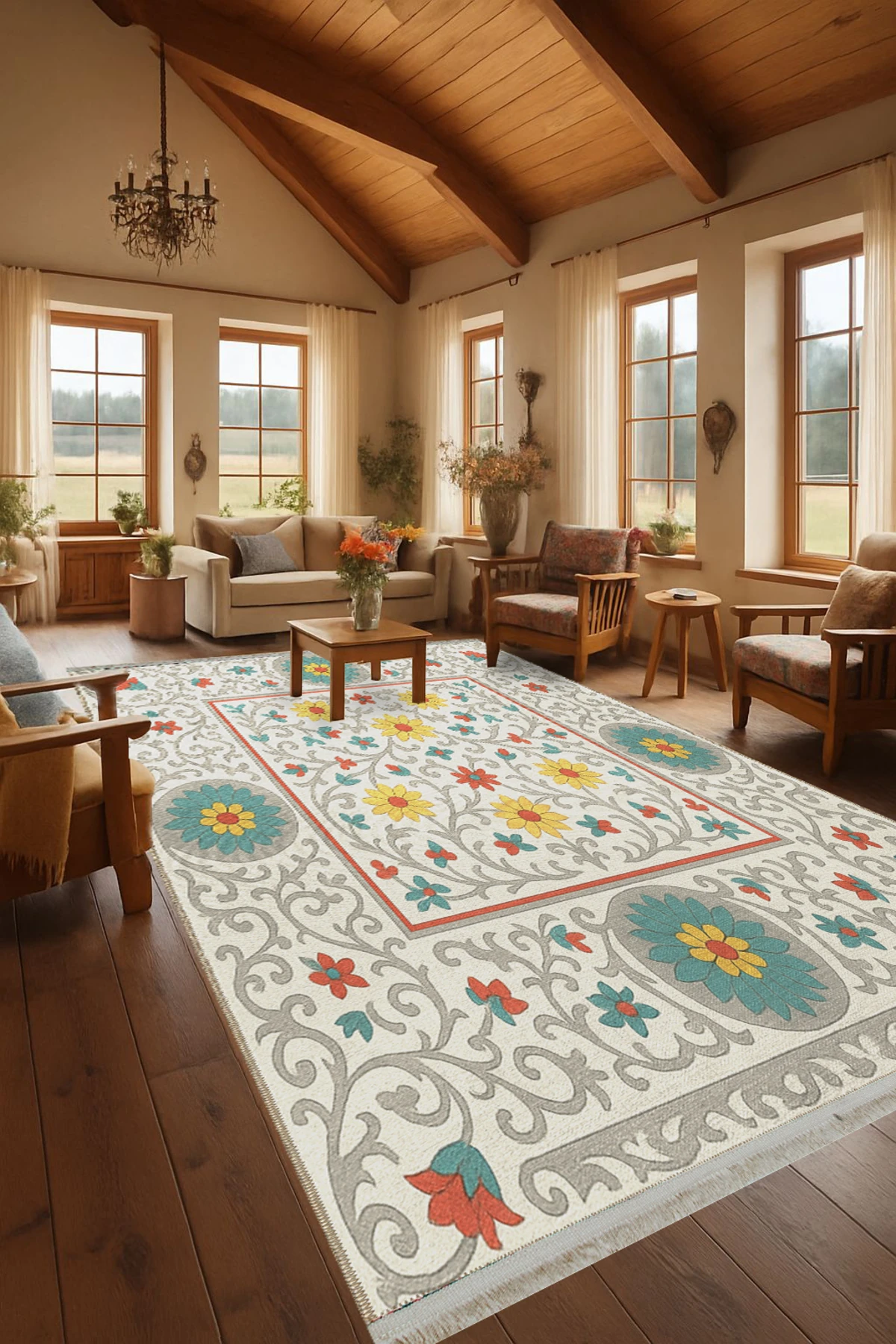 MOSSO Çok Renkli Geleneksel Temalı Desen Dokuma Taban Modern Dekoratif Halı mosso295