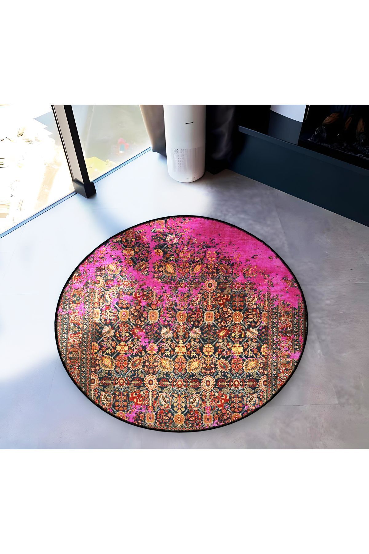 Mira Yuvarlak Pembe Detaylı Antik Desenli Dokuma Taban Modern Dekoratif Halı 5696