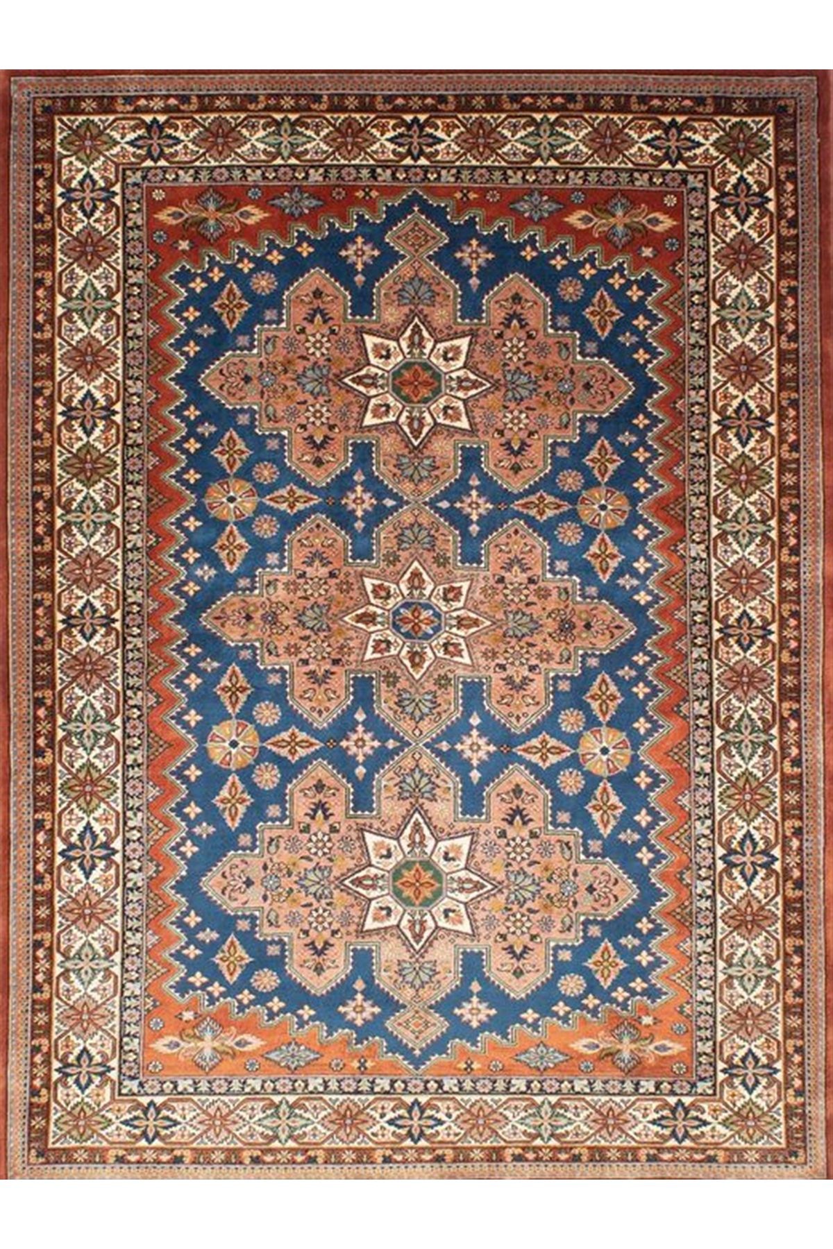 Cansu Koleksiyonu Turuncu Mavi Desenli Dokuma Taban Modern Dekoratif Halı cansu27
