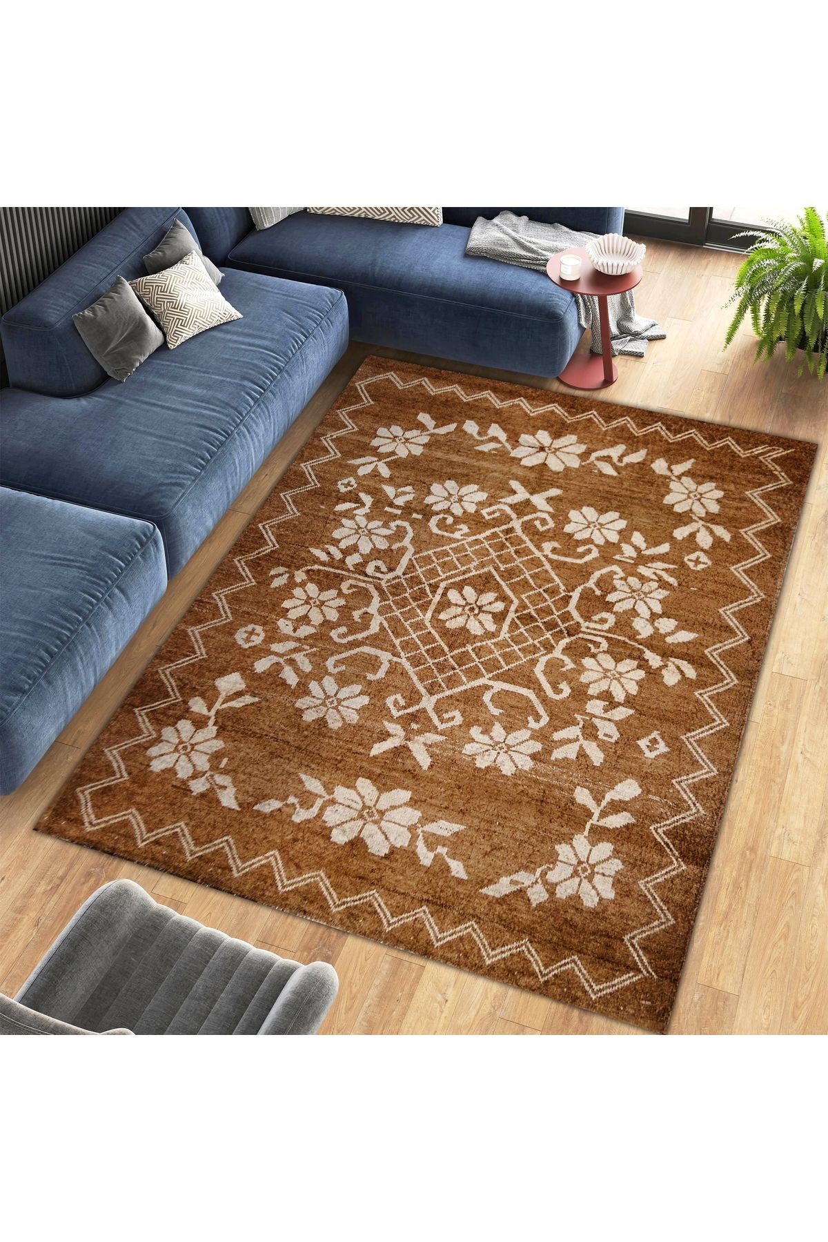 Asena Koleksiyonu Kahverengi Temalı Çiçek Motifleri Desenli Vintage Dekoratif Halı 22