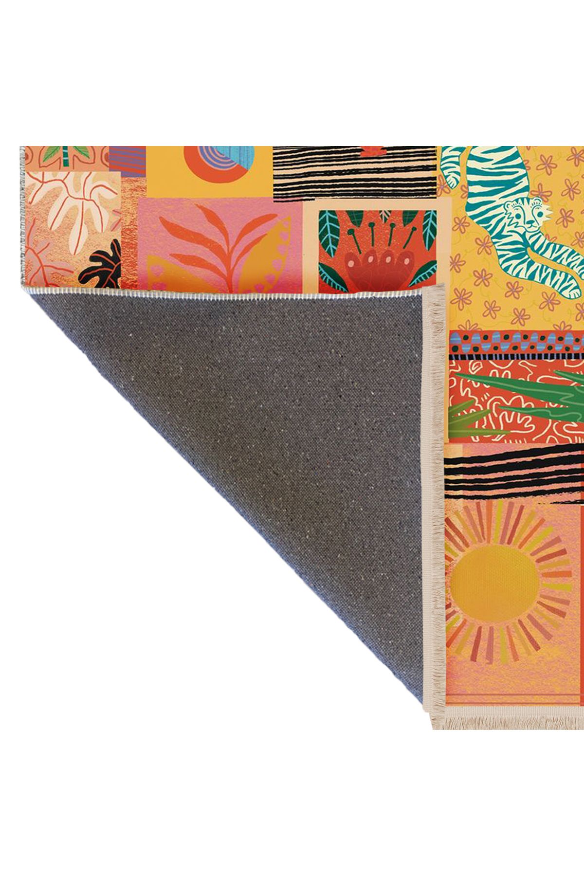 Özge Koleksiyonu Çok Renkli Kaplan Vazo Çiçek Desenli Dokuma Taban Modern Dekoratif Halı özge36