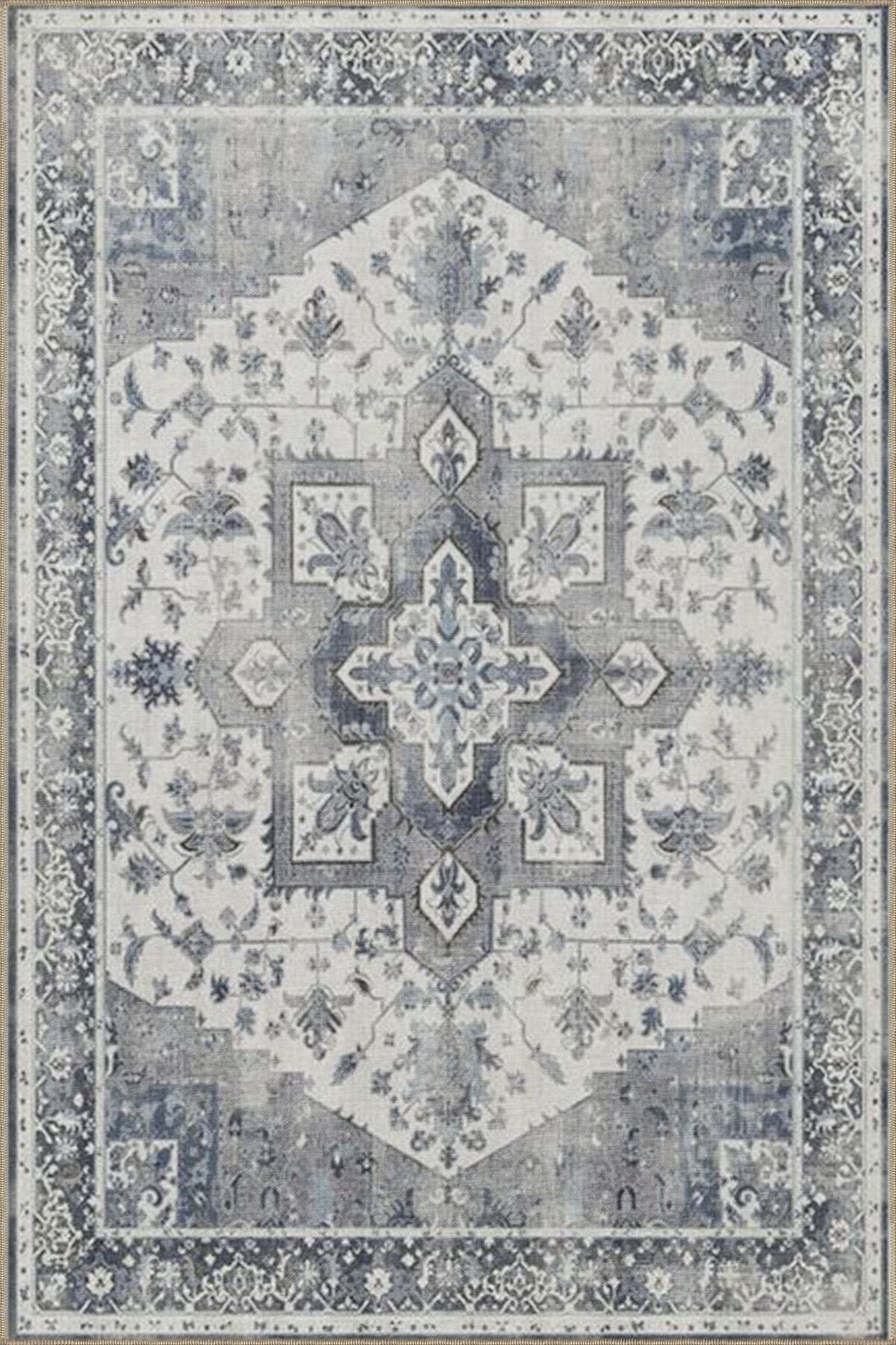 Antrasit Geleneksel Geometrik Desenli Yıkanabilir Dokuma Taban Halı miravip8087