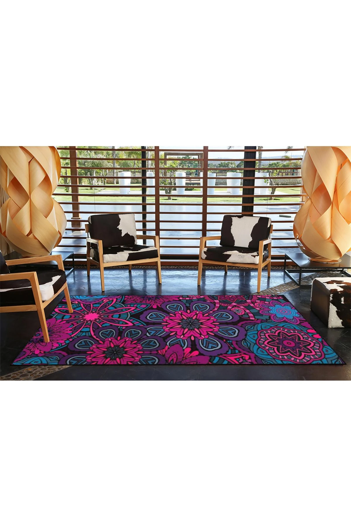 Mor Pembe Çiçek Temalı Desenli Dokuma Taban Ve Dekoratif Yıkanabilir Halı Miravip8527
