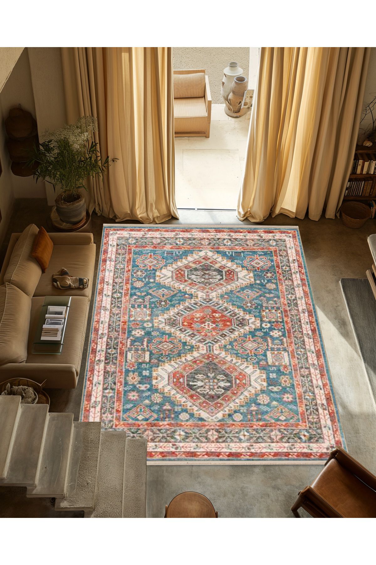 Çok Renkli Geleneksel Motif Etnik Desenli Saçaklı Vintage Dekoratif Halı 3248