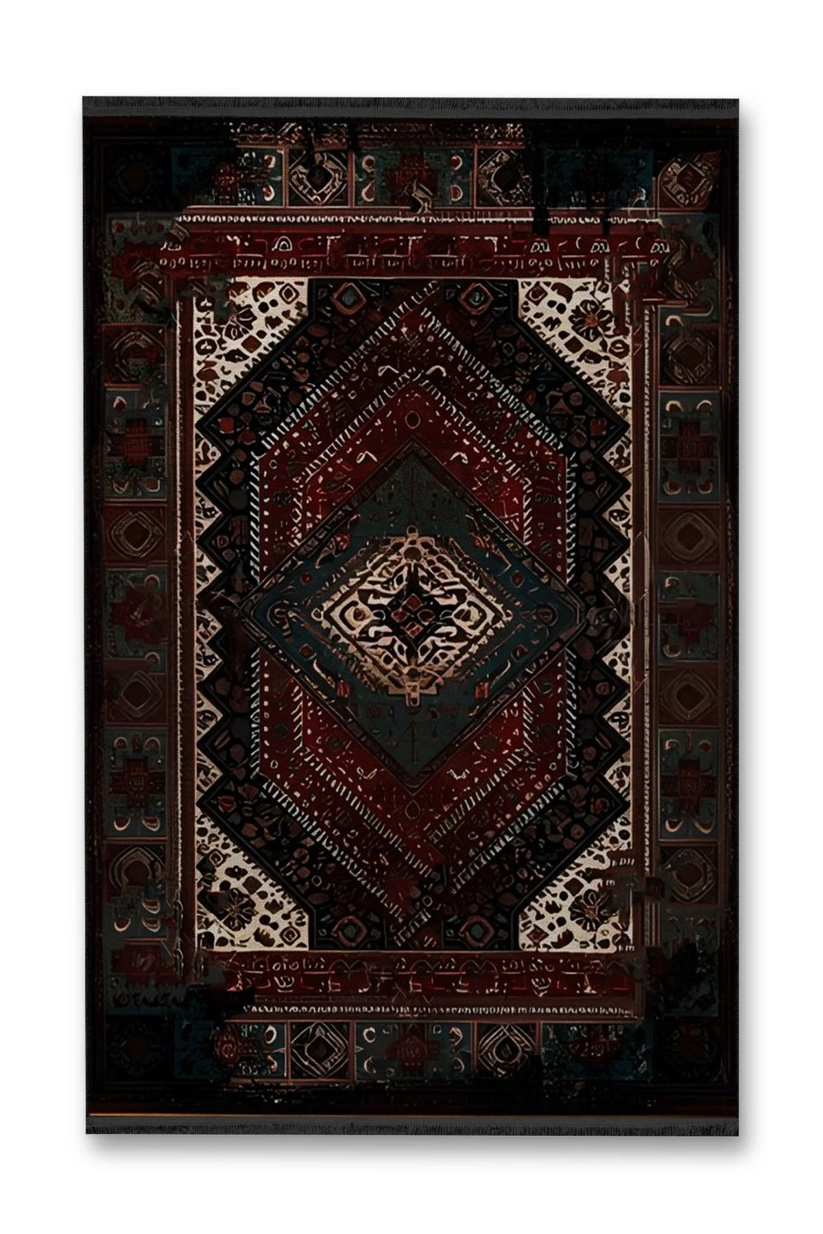 Koyu Tonlarda Antik Tasarım Serisi Bordo ve Yeşil Detaylı Desenli Vintage Dekoratif Halı antik22