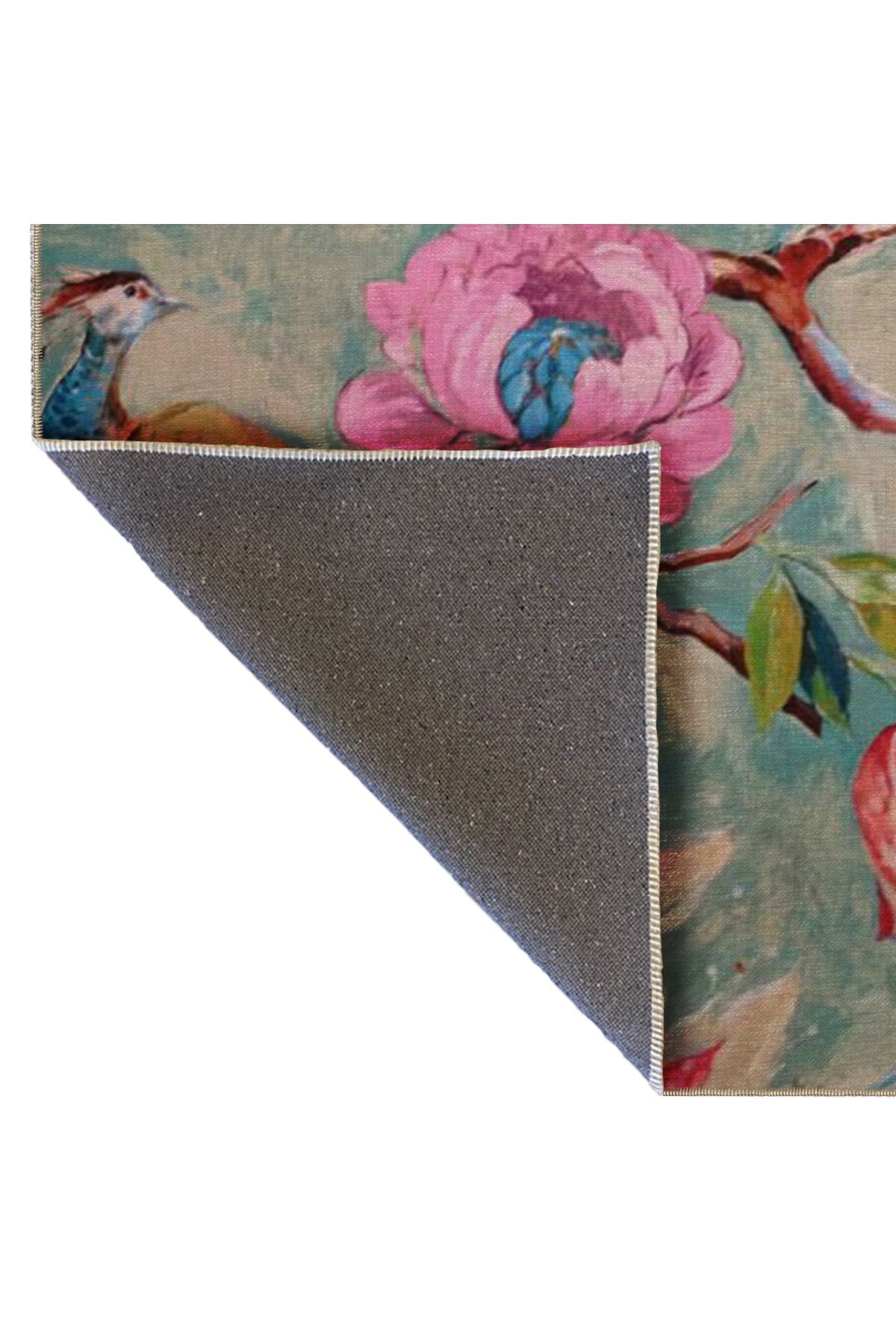 Pastel Tema Çok Renkli Ağaç Çiçek ve Tavus Kuşu Desenli Kreatif Modern Dekoratif Halı 5203