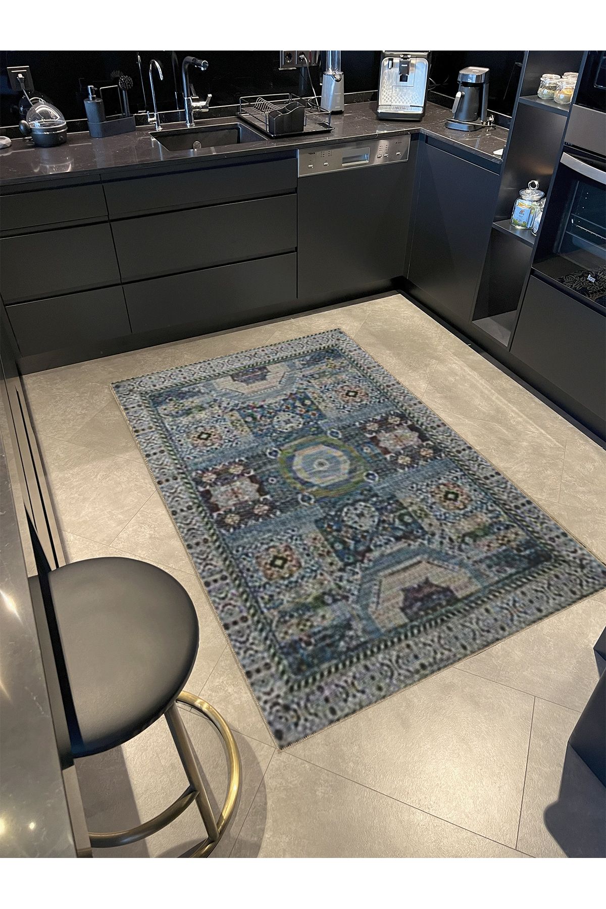 Açık Mavi Temalı Etnik Motif Geleneksel Desenli Vintage Dekoratif Halı 5349
