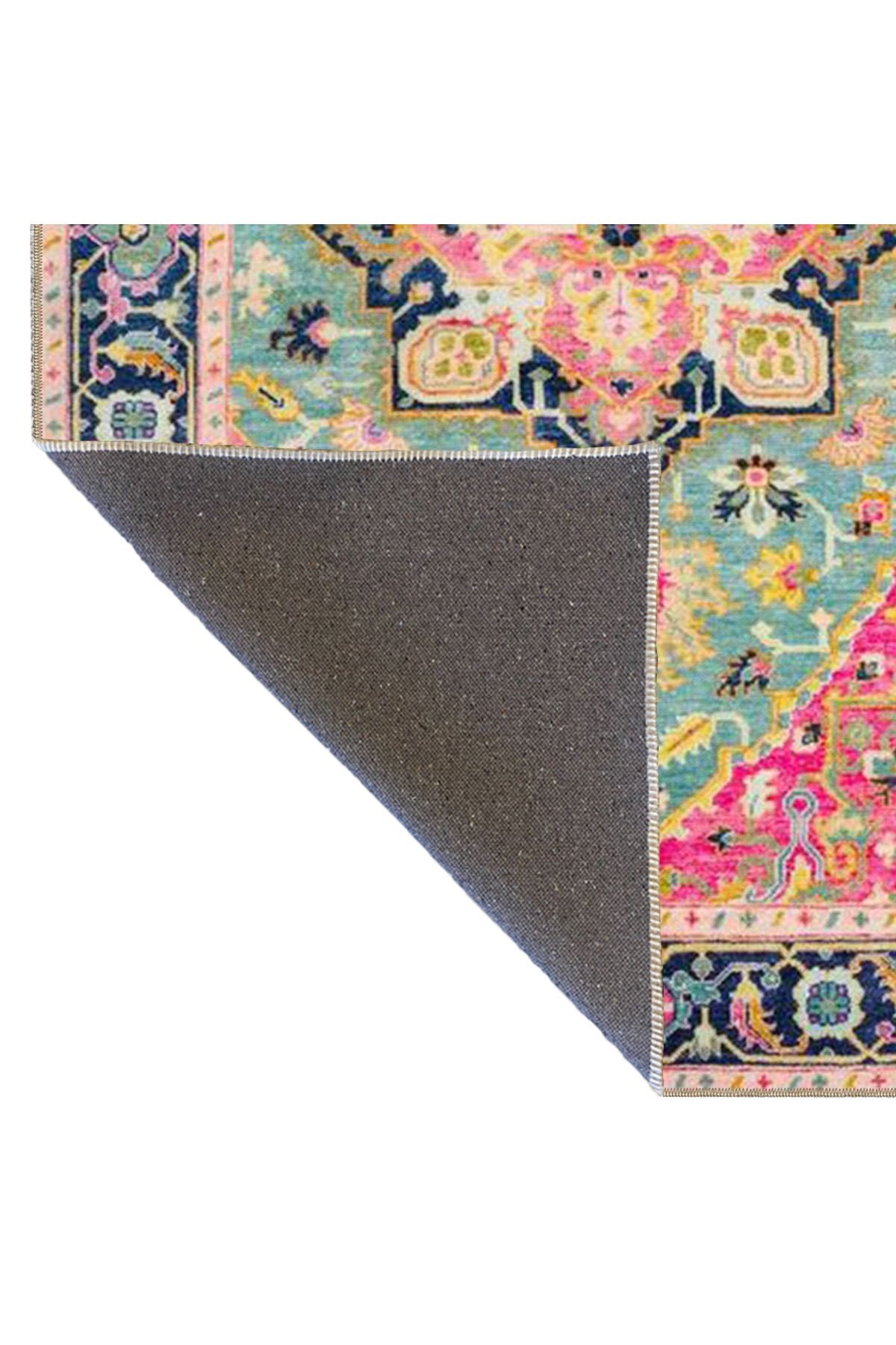 Açık Mavi ve Pembe Temalı Geleneksel Motif Desenli Vintage Dekoratif Halı 4669