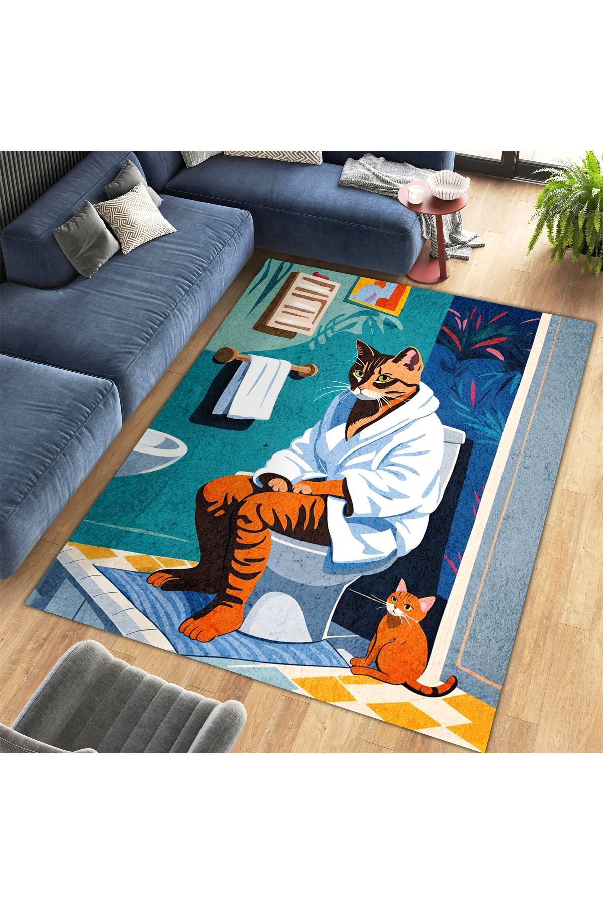 Kuzey Koleksiyonu Renkli Banyoda Beyaz Bornozlu Kedi Desenli Dokuma Taban Dekoratif Halı kuzey32