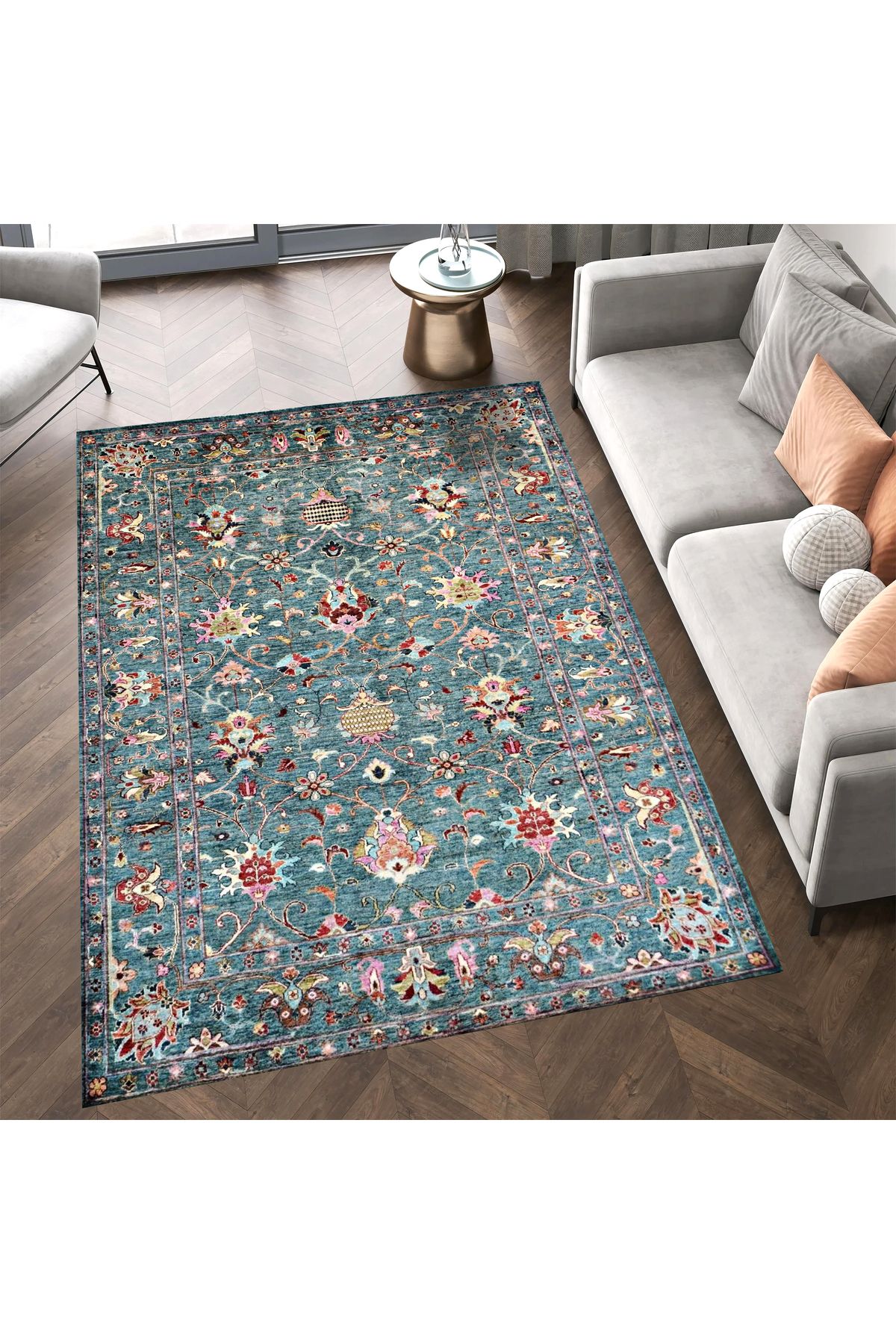 Mete Koleksiyonu Turkuaz Temalı Geleneksel Motif Desenli Vintage Dekoratif Halı 44