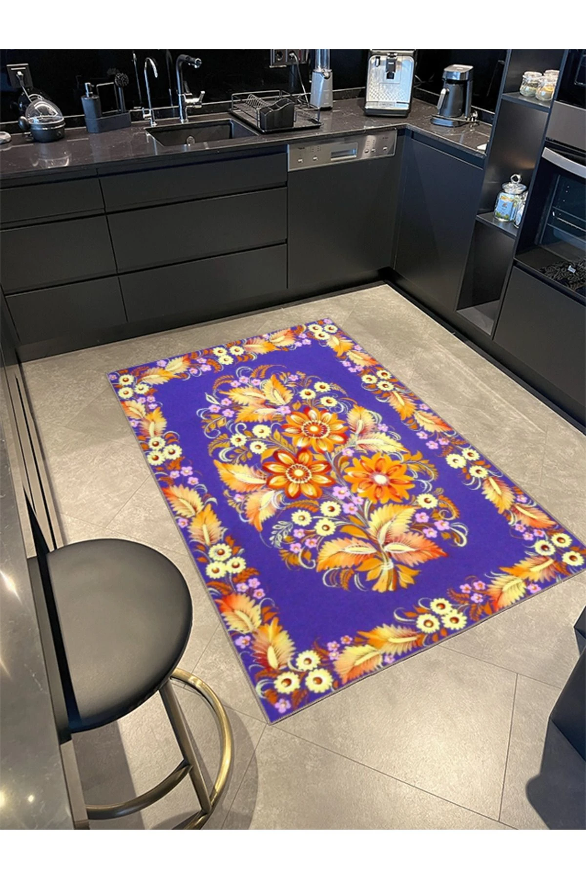 Mor Tonlu Çiçekli Floral Modern Dekoratif Halı miravip288