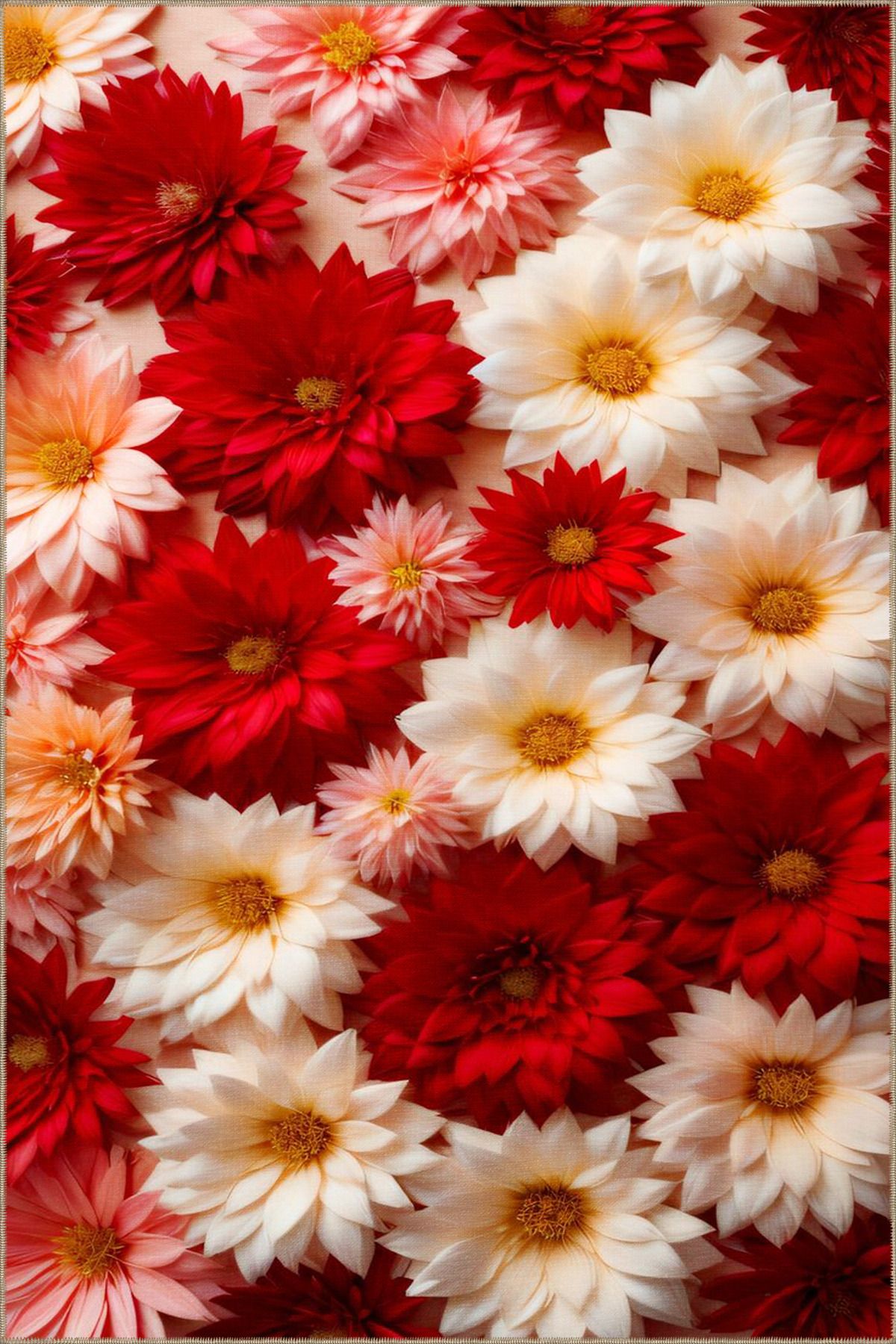 Floral Kırmızı Beyaz Açan Çiçekli Desenli Dekoratif ve Dokuma Taban Yıkanabilir Halı miravip8854