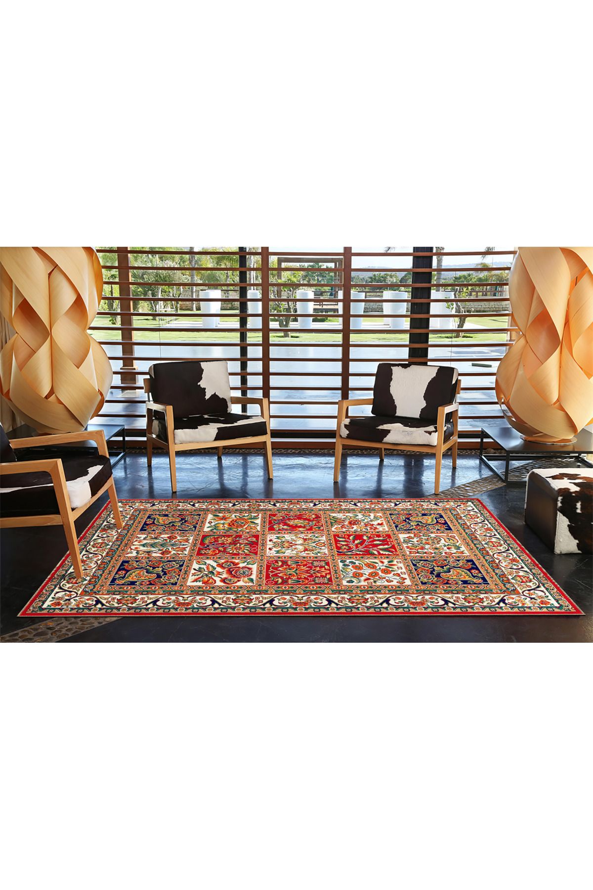 Kırmızı Renkte Kareli Geometrik Modern Dekoratif Halı 3677