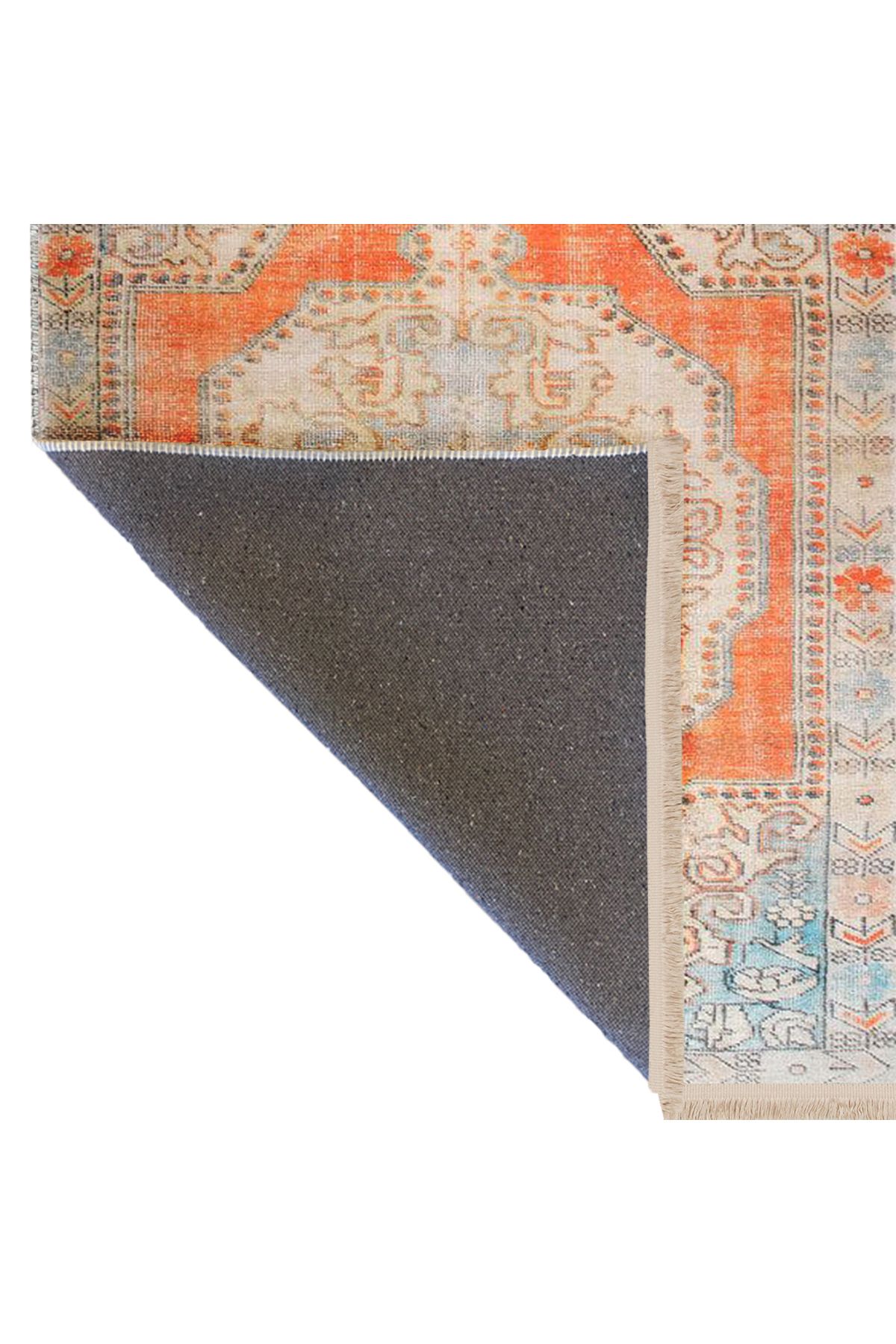 Asya Koleksiyonu Eskitme Görünümlü Turuncu Turkuaz Detaylı Dokuma Taban Modern Dekoratif Halı asya37