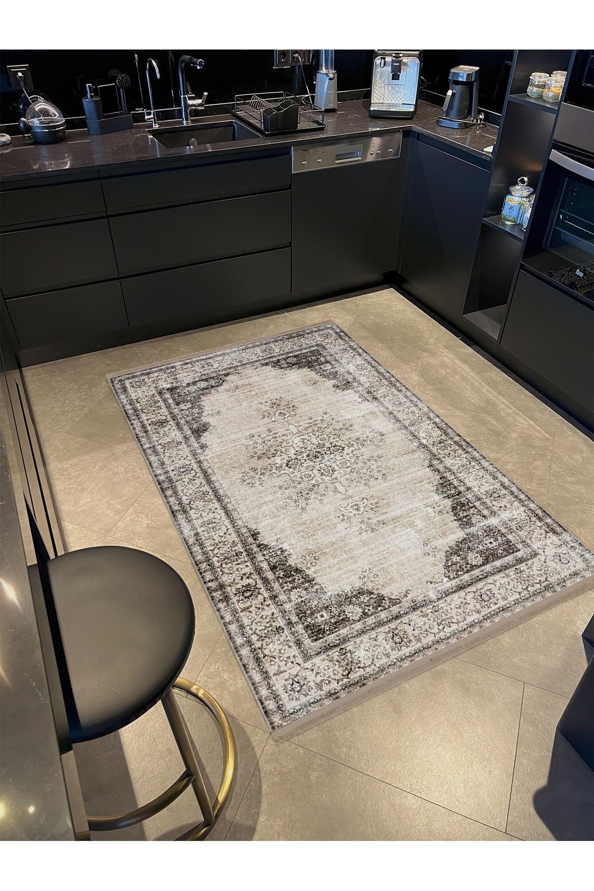 Asya Koleksiyonu Eskitme Görünümlü Siyah Gri Bej Desenli Dokuma Taban Modern Dekoratif Halı asya14