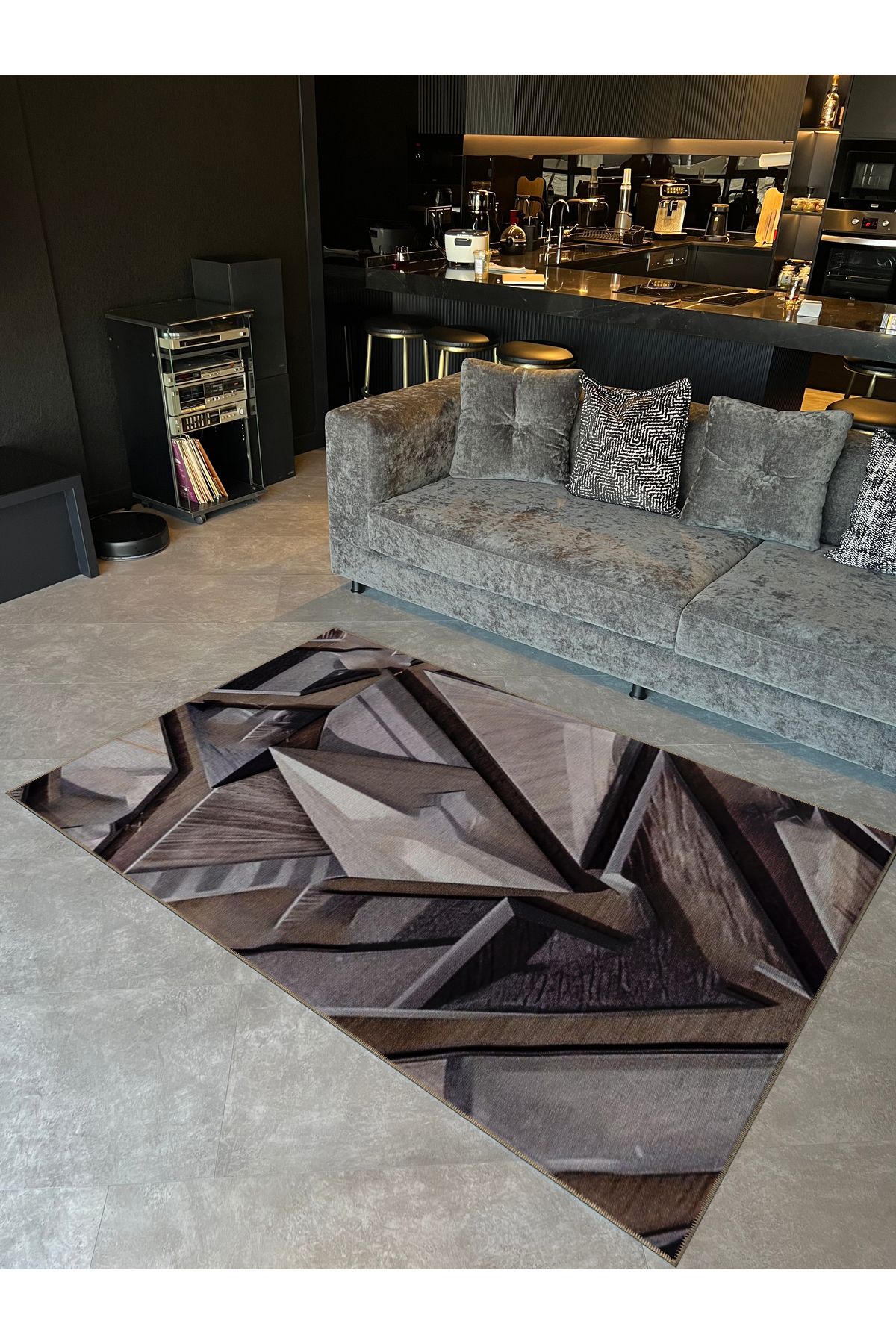 Gri Temalı Soyut Geometrik Desenli Kreatif Modern Dekoratif Halı 5288